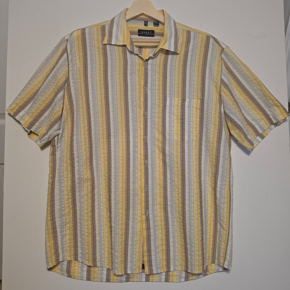 Haupt Vertical Stripe Short Sleeve Button Down Shirt Yellow Tan Size XL